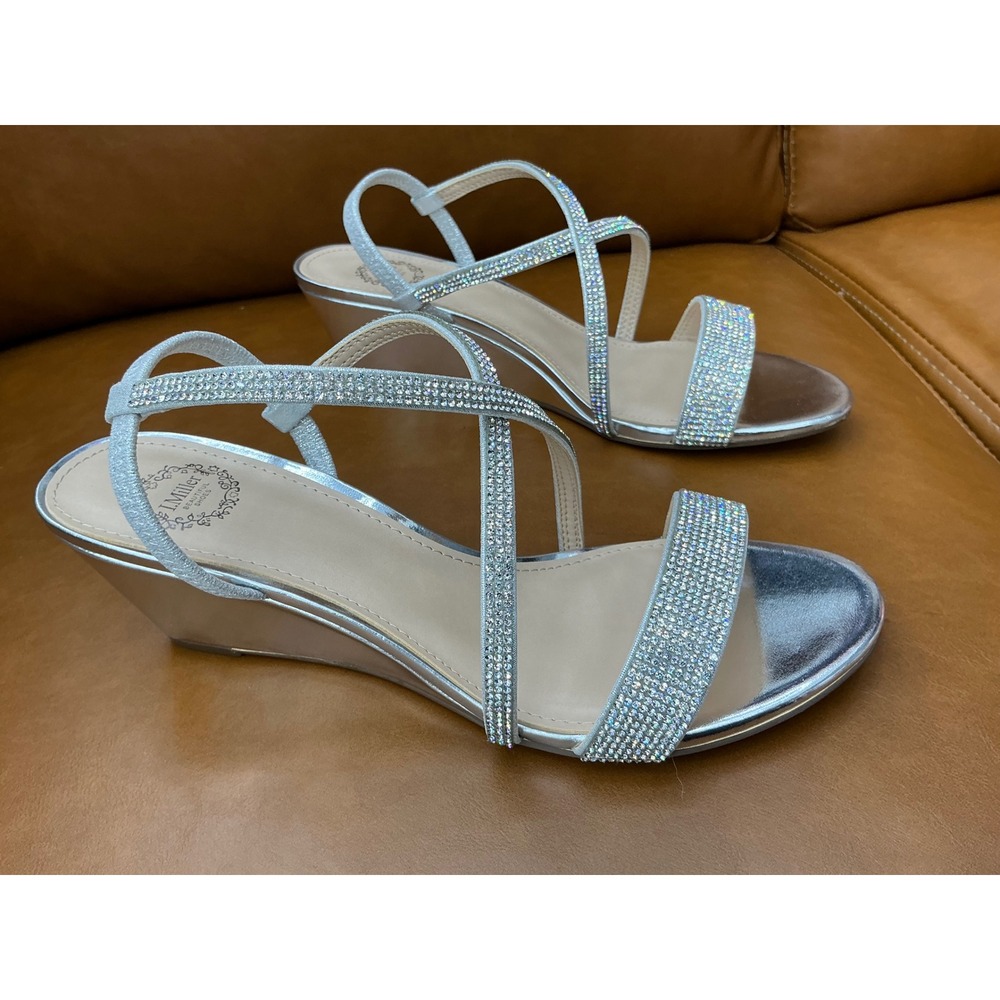I.Miller Neilson Wedge Sandals Womens 7.5 Silver New Rhinestone Strappy 226-1008